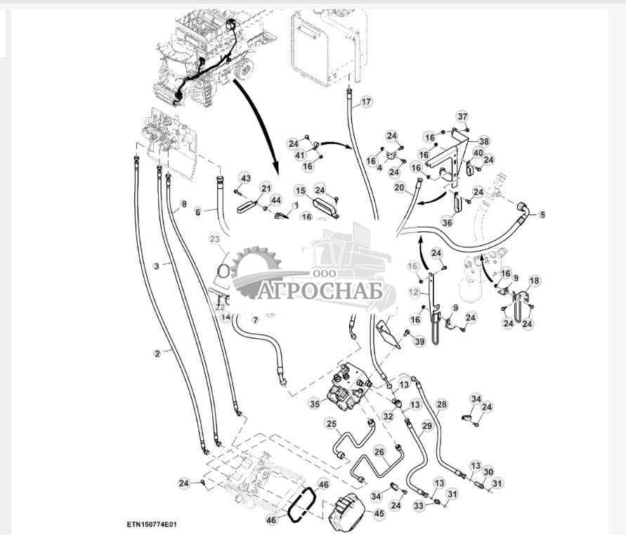 Гидравлические трубопроводы привода мотовила, 3-ступенчатая трансмиссия 
